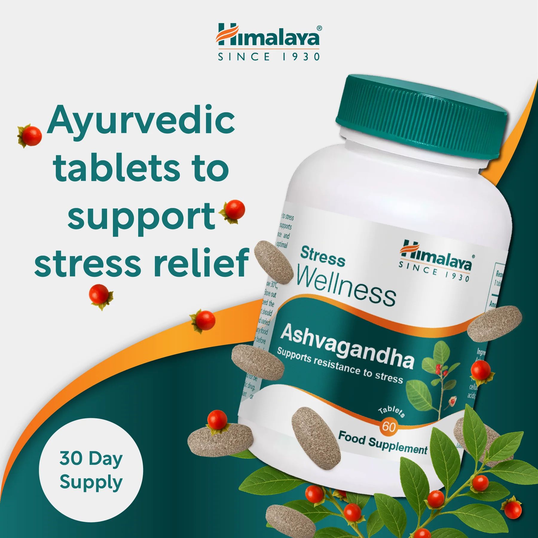 Flasche Himalaya Stress Wellness Ashvagandha mit Tabletten und roten Beeren. Text: Ayurvedische Tabletten zur Stressbewältigung.