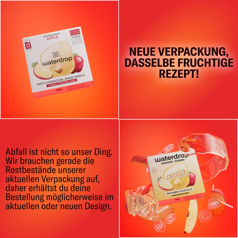 Produktverpackung von waterdrop® Apfel. Text: Neue Verpackung, dasselbe fruchtige Rezept! Abfall ist nicht so unser Ding.