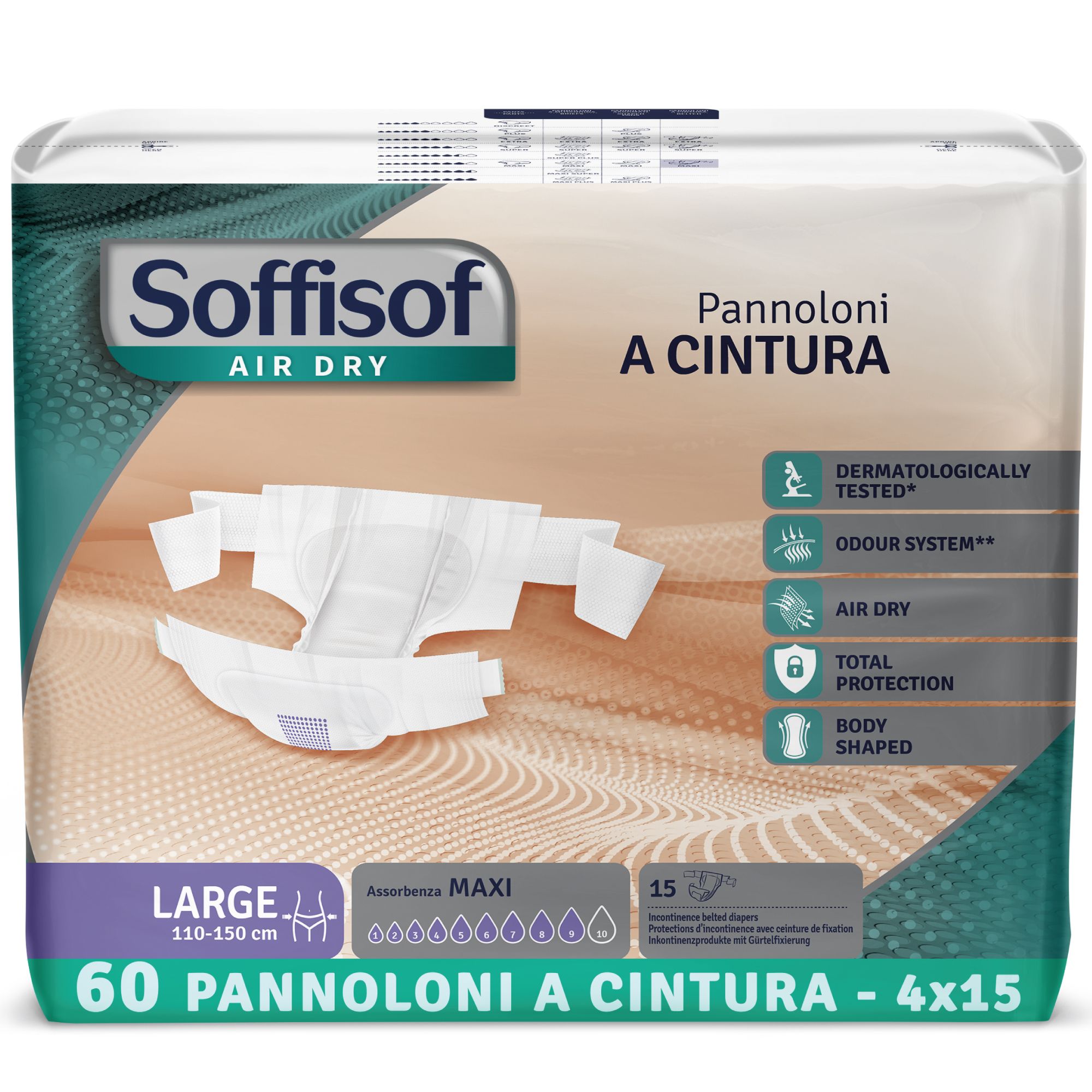 Verpackung mit Inkontinenzschutz. Groß, 110-150 cm. 60 Stück. Mit Hüftbund. Dermatologisch getestet, Geruchskontrolle, Air Dry, Total Protection.