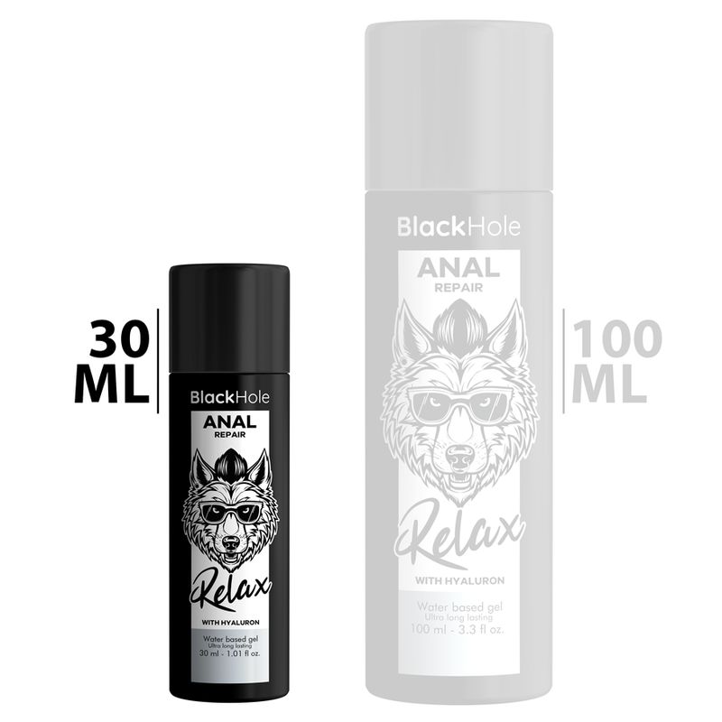 Zwei Flaschen BlackHole Anal Repair Gel: eine schwarze 30ml Flasche und eine schematische 100ml Flasche.