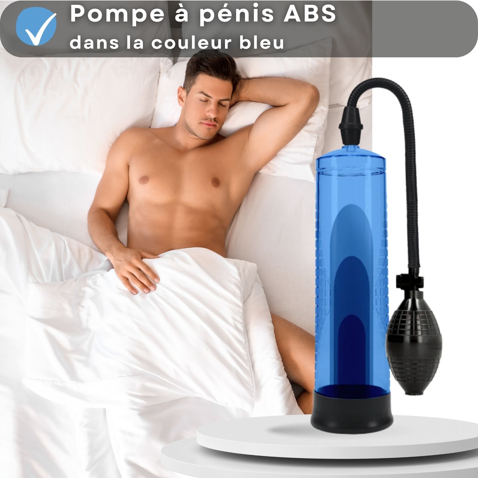 Image produit avec texte: Pompe à pénis en ABS, de couleur bleue.