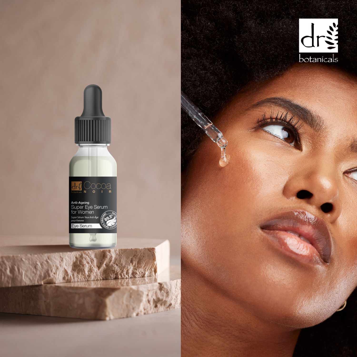 Produkt neben einer Frau, die sich das Serum aufträgt. Flasche mit Pipette. Marke: Dr Botanicals Cocoa Noir. Hintergrund: Beige und Braun.