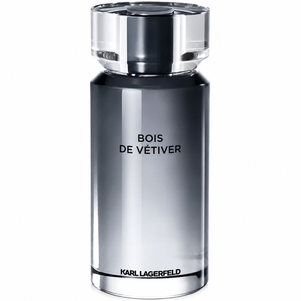 Karl Lagerfeld Bois de Vétiver Eau de Toilette Flakon mit silbernem Farbverlauf und klarem Deckel.