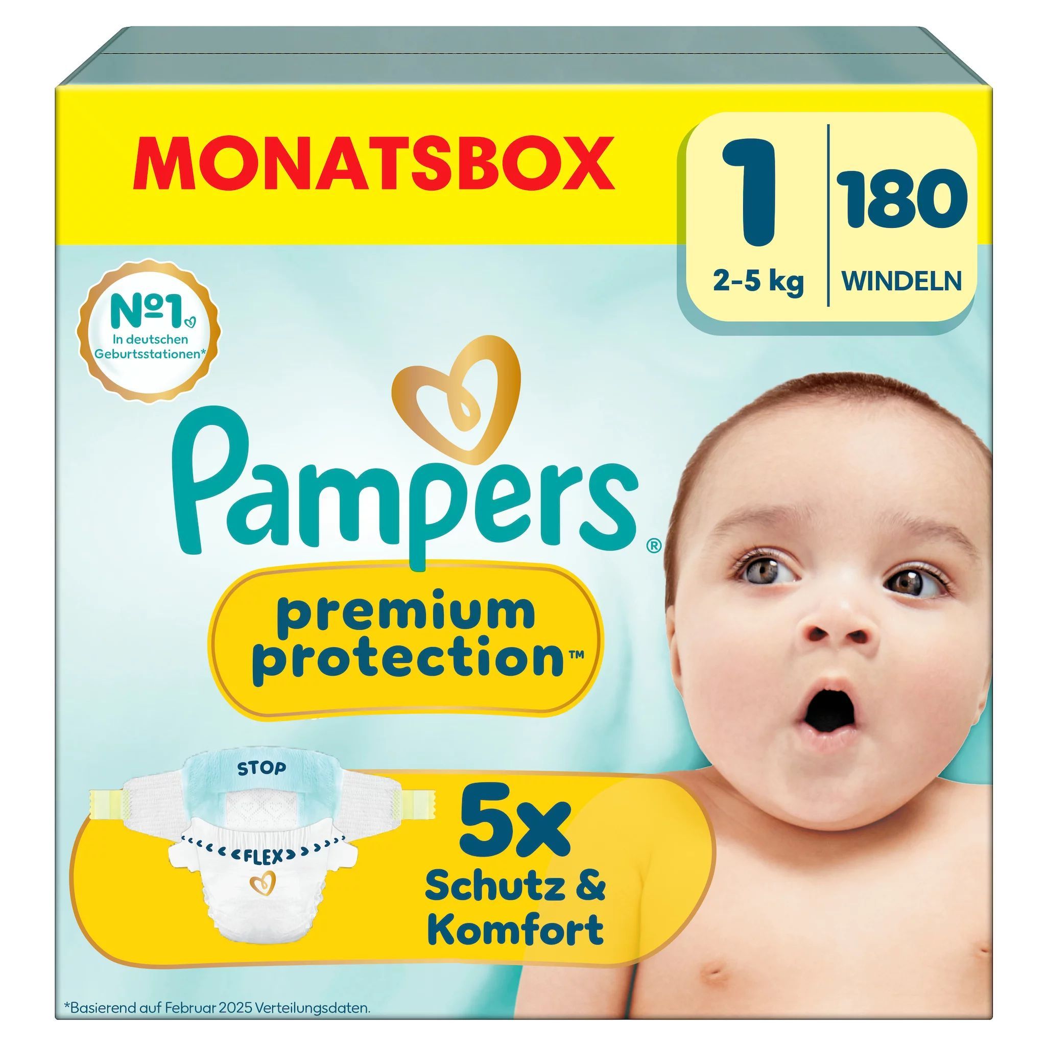 Pampers Windel Größe 1 (2-5kg) Monatspackung mit 180 Stück. Premium Protection mit Hautkomfort.