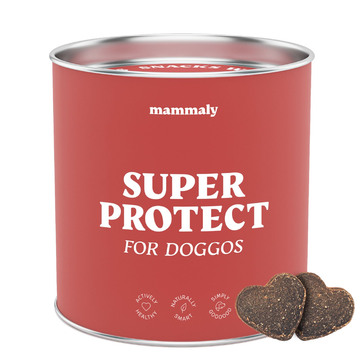 Runde Dose mit roter Oberfläche. Aufschrift: SUPER PROTECT FOR DOGGOS. Zwei herzförmige Snacks daneben.