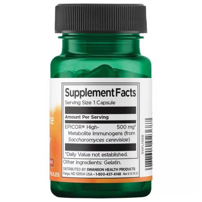 Rückseite einer grünen Flasche mit schwarzen Deckel. Aufschrift: Supplement Facts, EpiCor 500 mg.