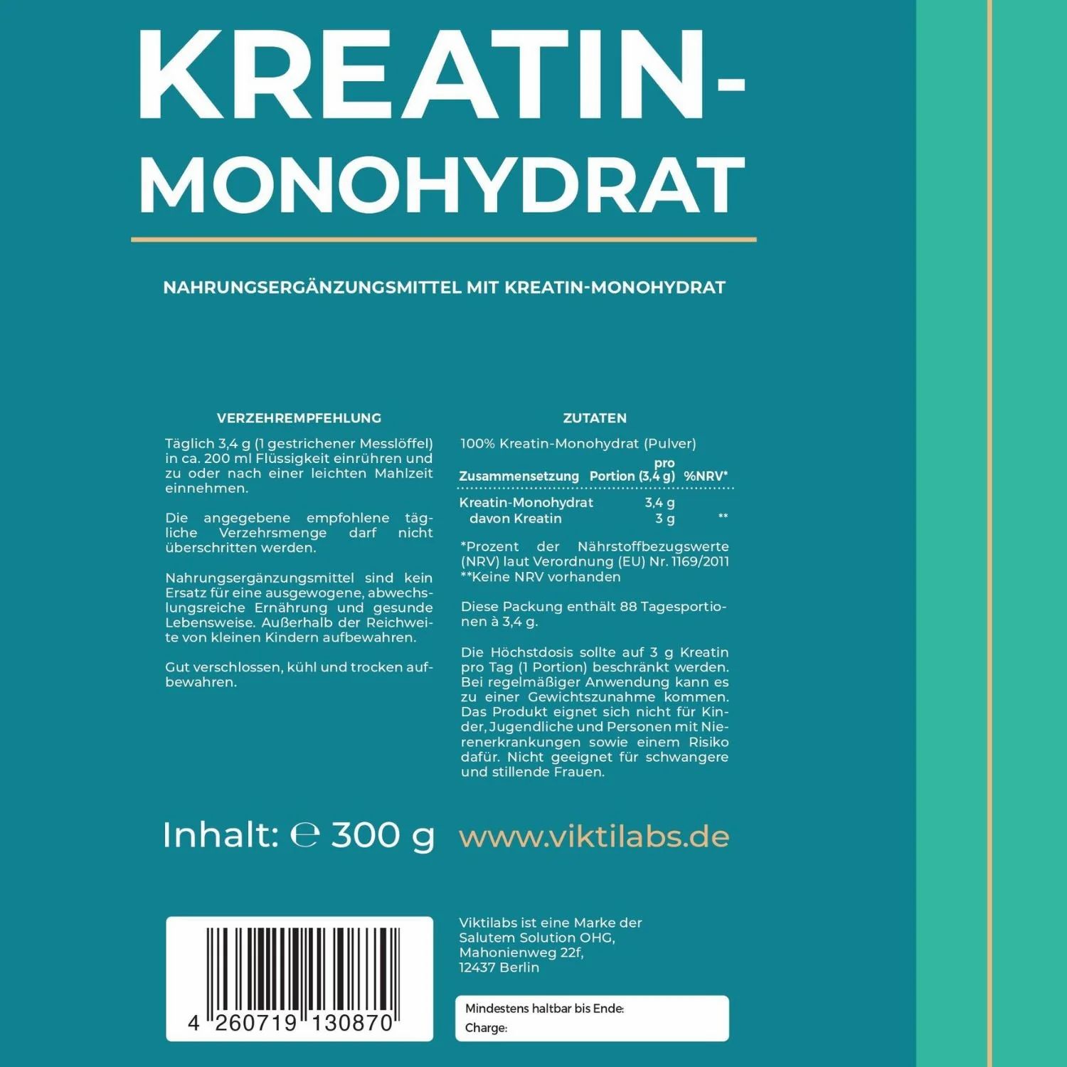 Viktilabs Kreatin Monohydrat: Zutaten, Verzehrempfehlung, 300g.