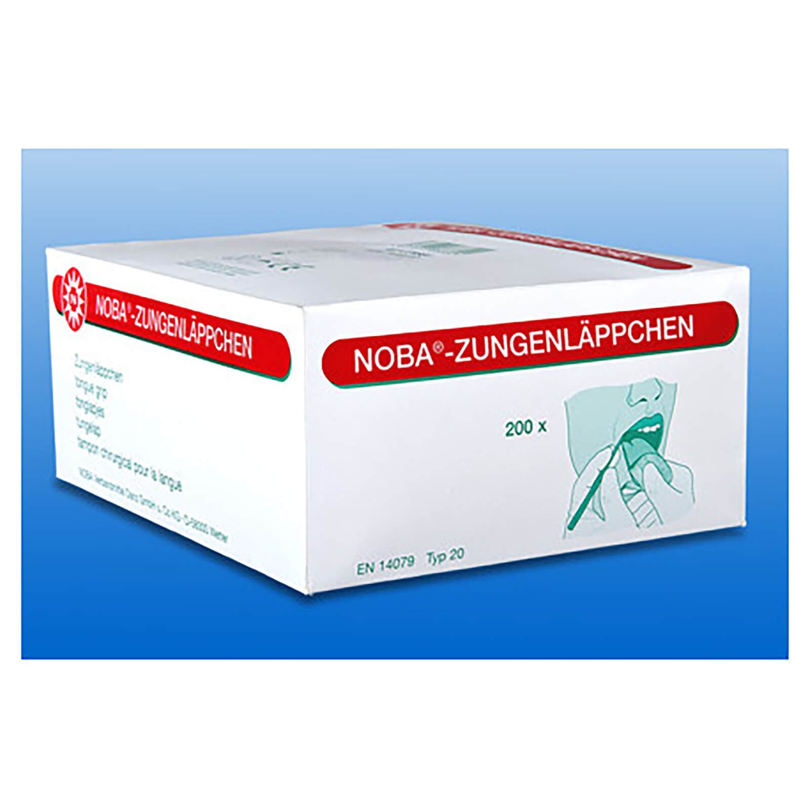 Weiße Verpackung mit roter Schrift: NOBA®-ZUNGENLÄPPCHEN. Illustration einer Zungenreinigung. 200 Stück. EN 14079 Typ 20.