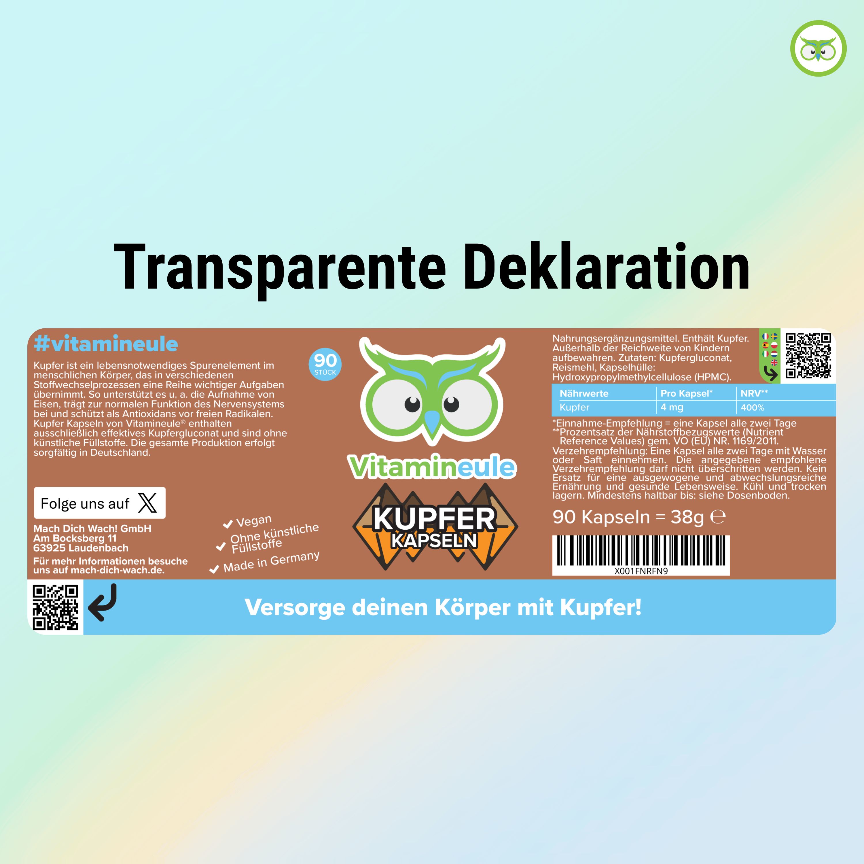 Etikett mit Informationen zu "Kupfer Kapseln". Enthält Nährwertangaben, Inhaltsstoffe, und Herstellerinformationen. 90 Kapseln.