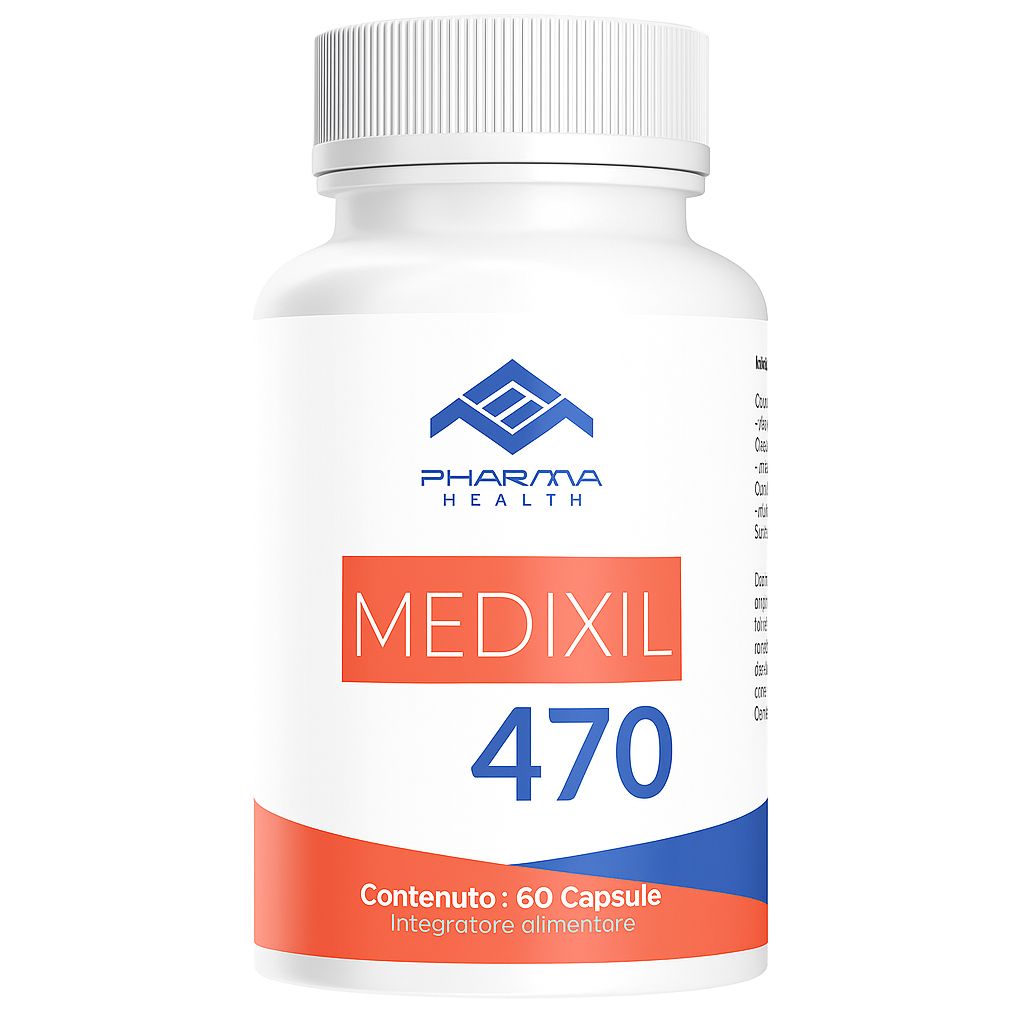 Weiße Flasche mit Kapseln. Aufschrift MEDIXIL 470 und Pharma Health Logo. Orangefarbener Streifen mit Text.