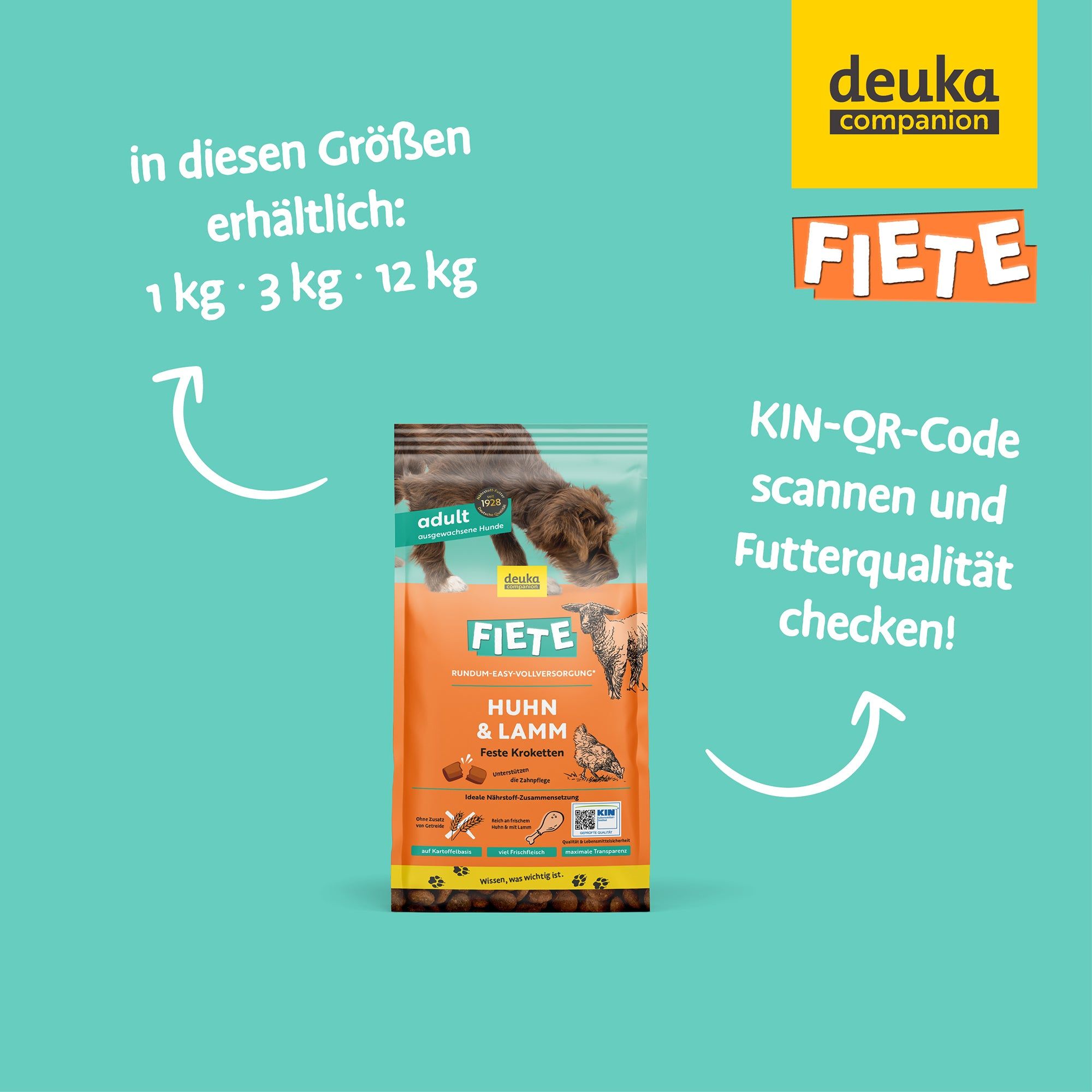 Fiete Adult Huhn & Lamm - Getreidefreies Trockenfutter für Hunde 1 kg Futter