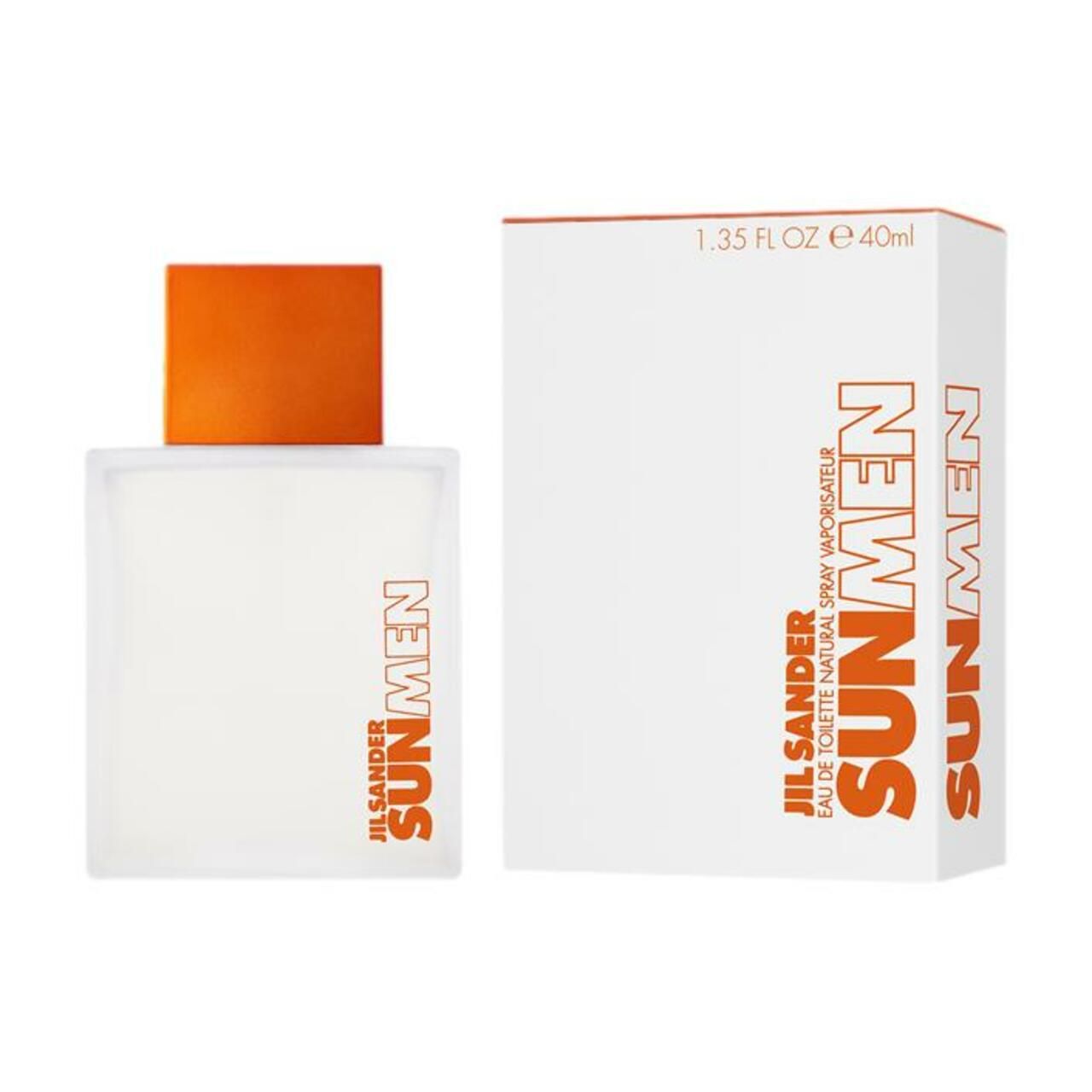 Flakon und Verpackung. Flakon rechteckig, orangefarbener Verschluss. Verpackung weiß, Aufschrift: JIL SANDER SUN MEN.
