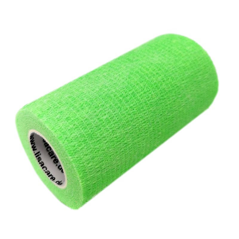 Neongrüne, gerollte kohäsive Bandage. Auf der Rolle ist der Markenname "lisacare.de" sichtbar.