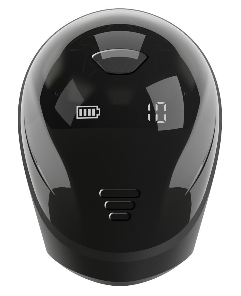 Schwarzes Gerät mit digitaler Anzeige. Zeigt eine Zahl und einen Batteriestatus.