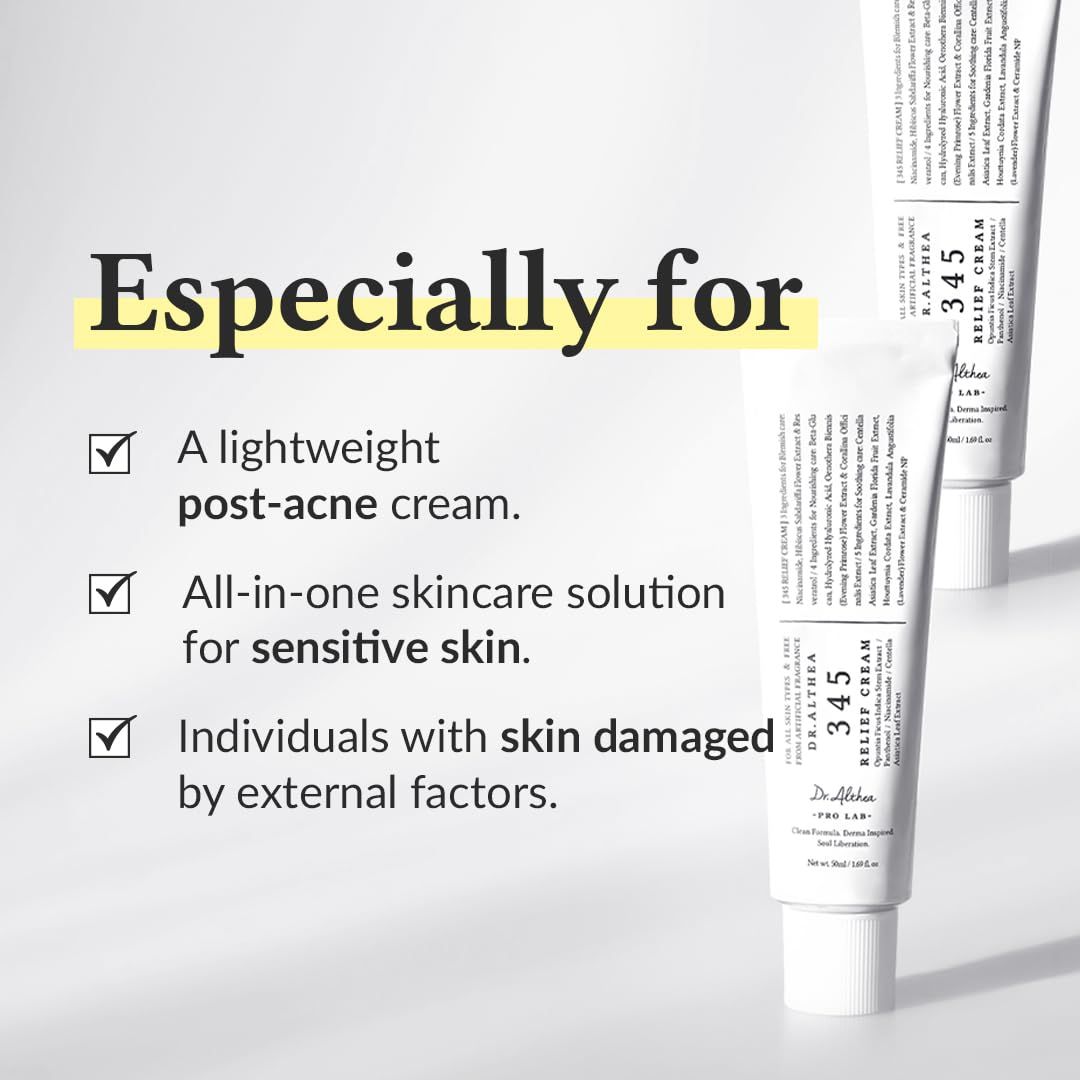 Zwei Tuben. Text: A lightweight post-acne cream, All-in-one skincare solution, Individuals with skin damaged.