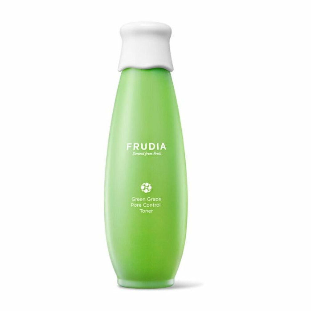 Frudia Trauben-Porenkontroll-Tonikum in einer schlanken, grünen Flasche mit weißem Verschluss.