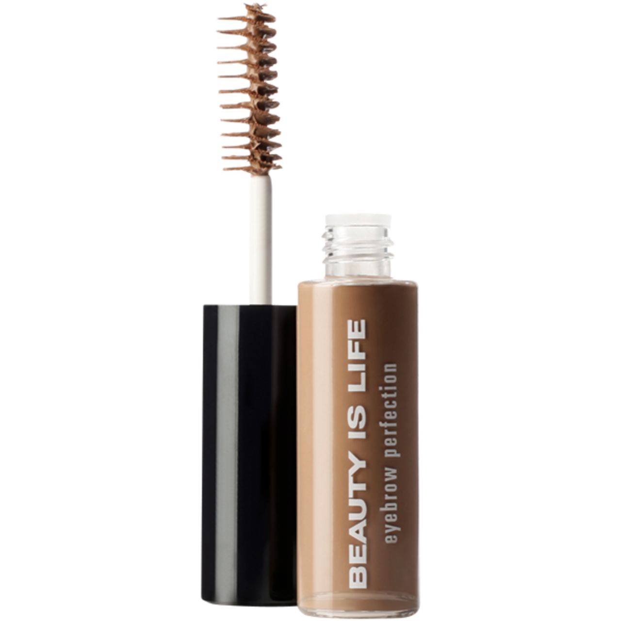 Brauen-Make-up-Produkt. Flasche mit Bürste. Aufschrift: BEAUTY IS LIFE eyebrow perfection.
