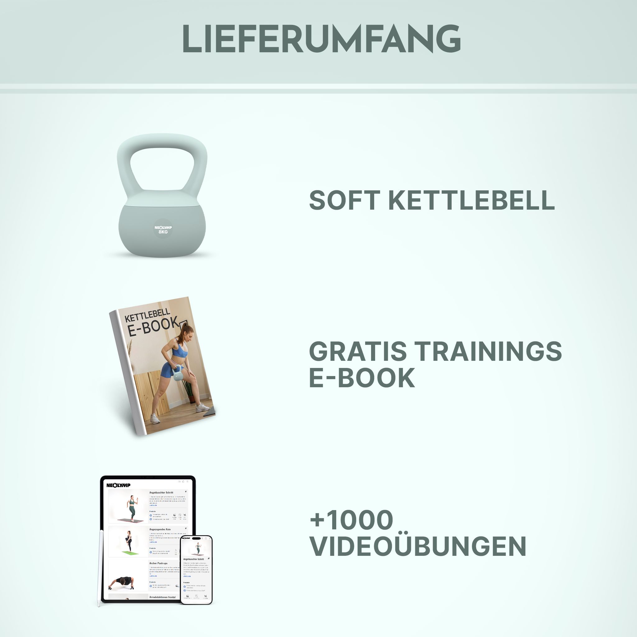 Lieferumfang: Soft Kettlebell, Gratis Trainings E-Book und über 1000 Videoübungen.