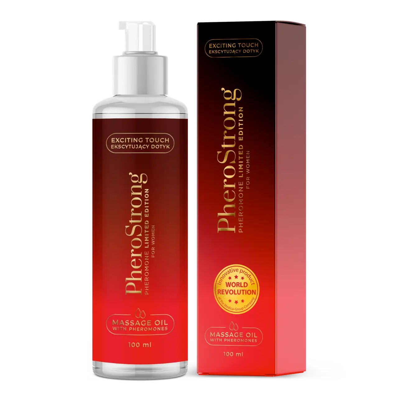 Flasche und Schachtel mit Produkt. Aufschrift: PheroStrong, Massageöl mit Pheromonen. Goldfarbene Auszeichnung.
