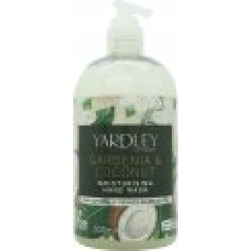 Weißer Spender mit Pumpe. Etikett mit Text: Yardley London, Gardenia & Coconut, Hand Wash. Kokosnuss- und Blatt-Dekor.