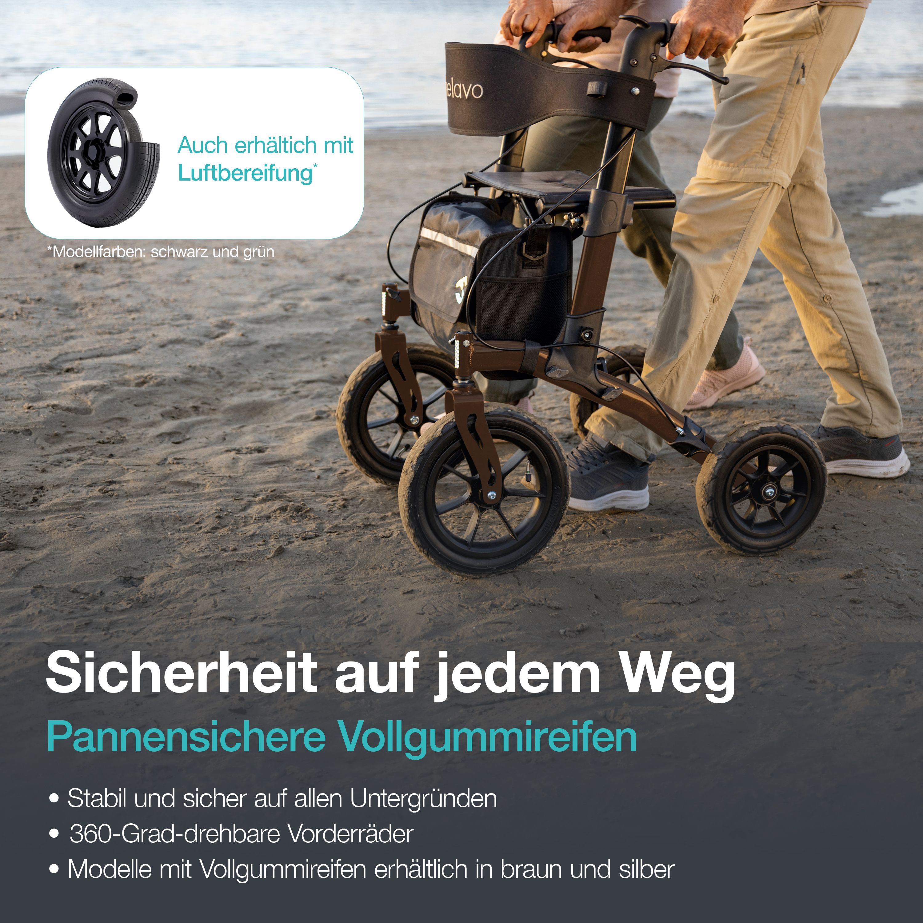 Helavo Outdoor Rollator mit pannensicheren Vollgummireifen faltbar mit Sitz