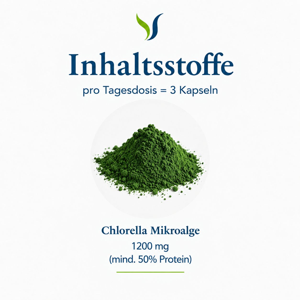 Grünes Chlorella Mikroalgenpulver auf weißer Unterlage, 1200 mg pro Tagesdosis (mind. 50% Protein).