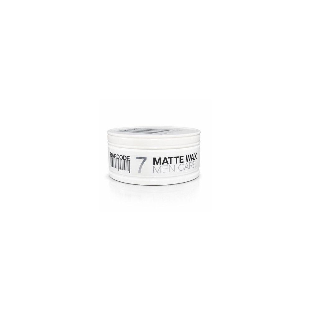 Weiße Dose mit Deckel. Aufschrift: Barcode, Matte Wax Men Care. Stärke 7. Auf weißem Hintergrund.