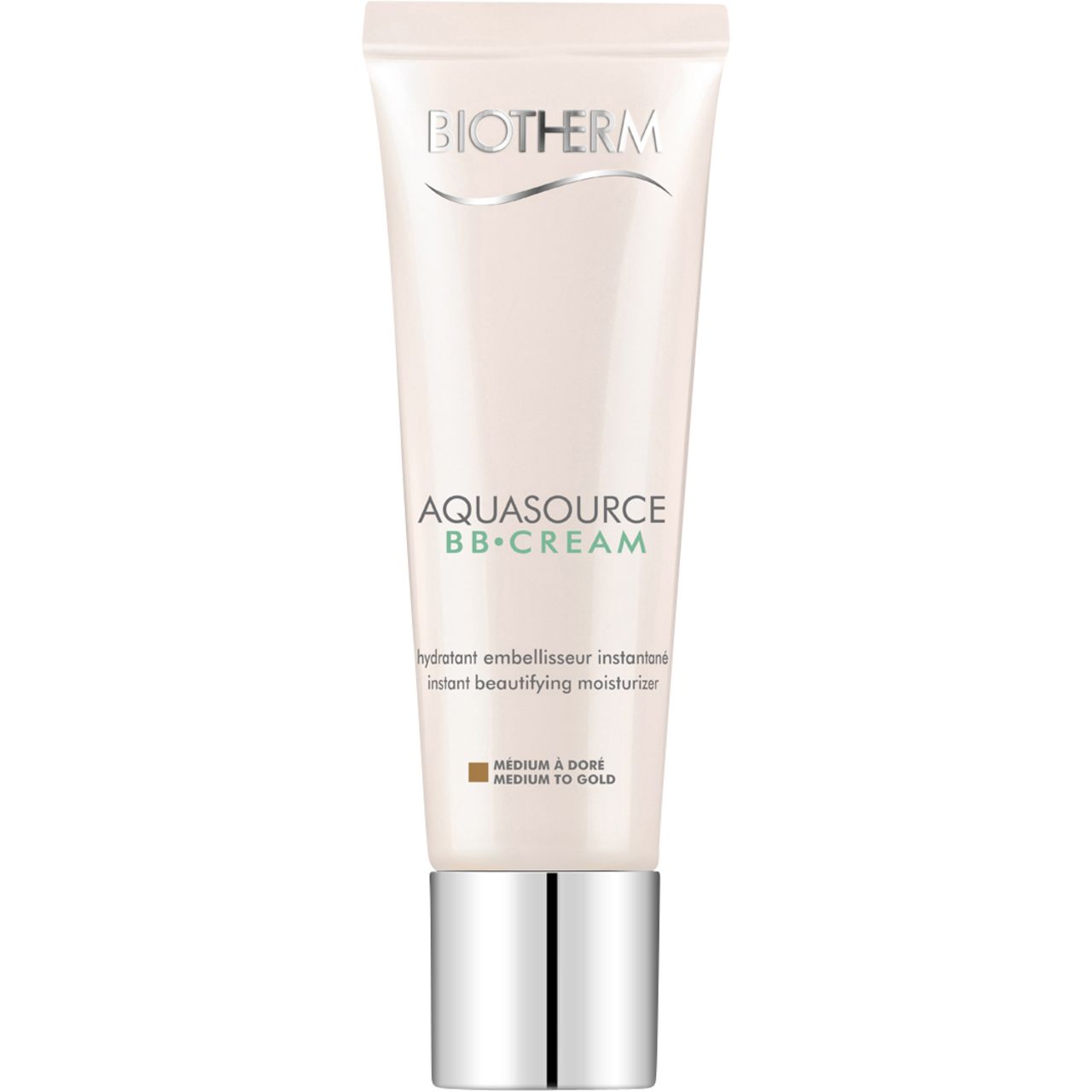 BIOTHERM AQUASOURCE BB CREAM Tube. Medium to Gold. Weißer Tube mit silbernem Deckel. Produktname und Farbtonangabe.