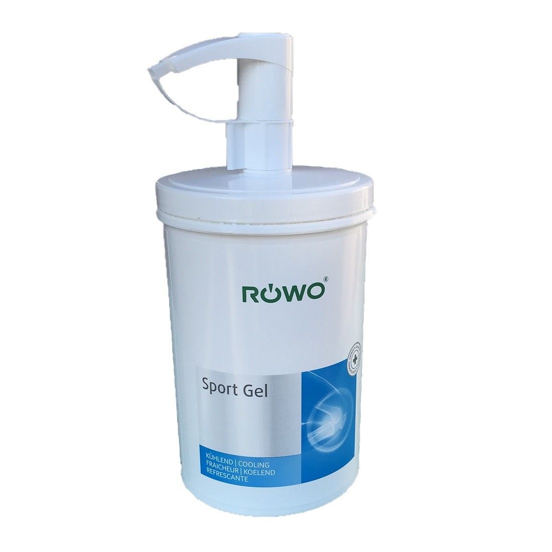 Weißer Behälter mit Pumpe. Aufschrift: Röwo, Sport Gel. Blaue Banderole mit weißem Logo.