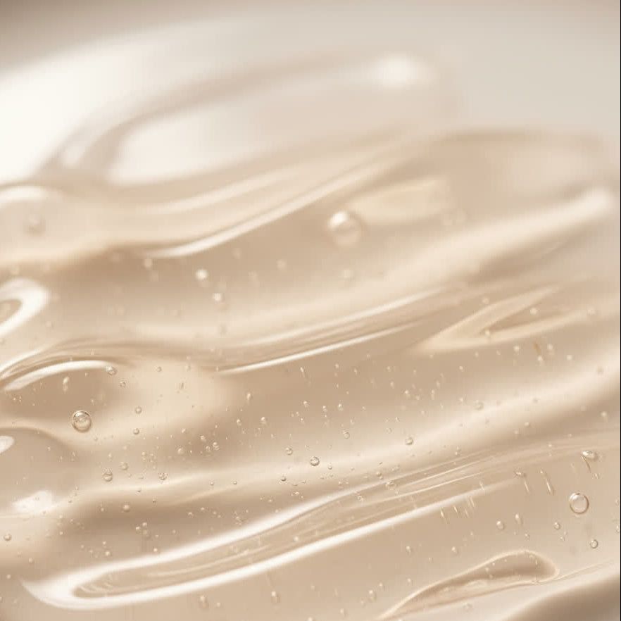 Nahaufnahme einer transparenten, gelblichen Flüssigkeit mit Bläschen. Wellenförmige Textur.