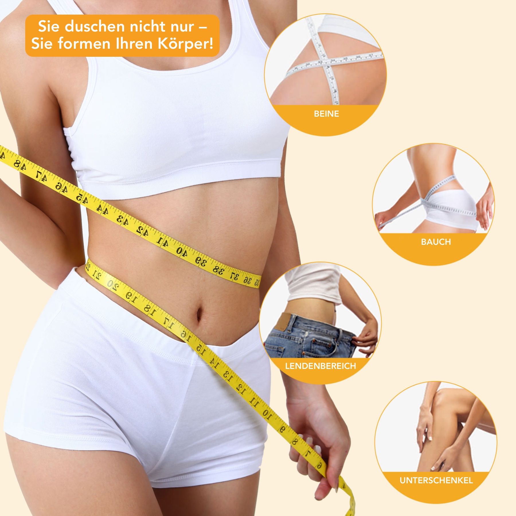 Frau mit Maßband. Gelbe Seife. Grafiken mit Messungen an Beinen, Bauch und Unterschenkeln.