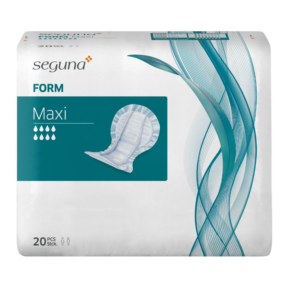 Verpackung von SEGUNA Form Maxi. Weiße Verpackung mit Produktabbildung und blauen Designelementen. Enthält 20 Stück.