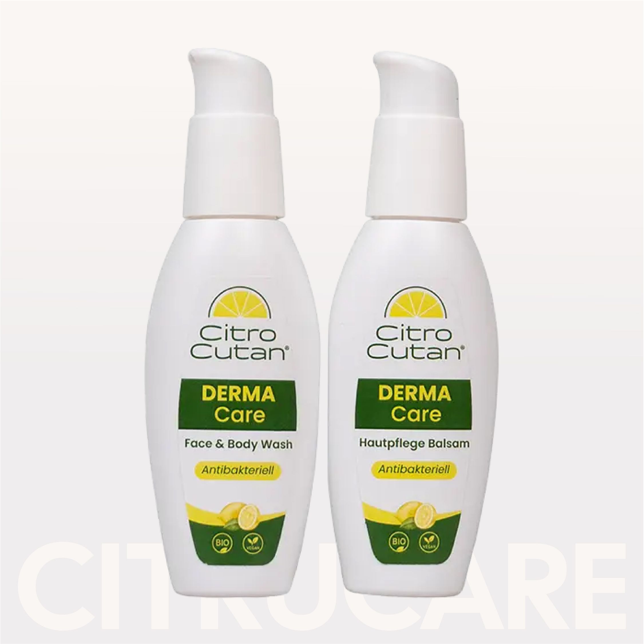 Zwei weiße Pumpflaschen CITROCUTAN DERMA Care: Gesichts- & Körperwaschmittel und Hautpflegebalsam, antibakteriell.