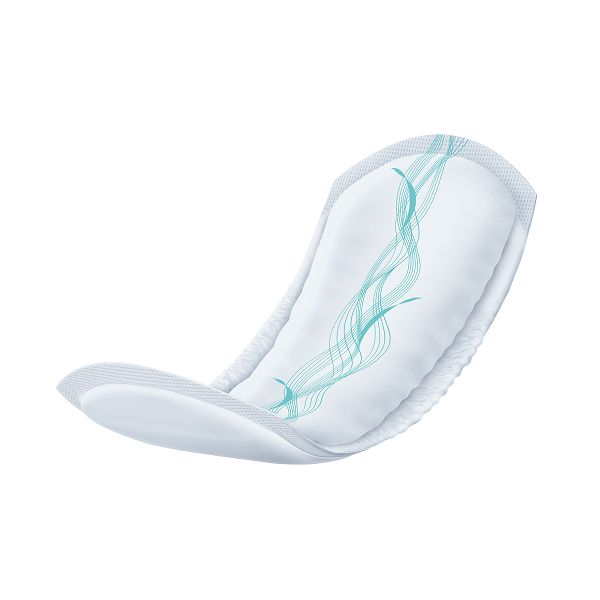 Weiße SEGUNA Sensitive Maxi Einlage. Anatomische Form. Mit blauen und grünen Verzierungen.