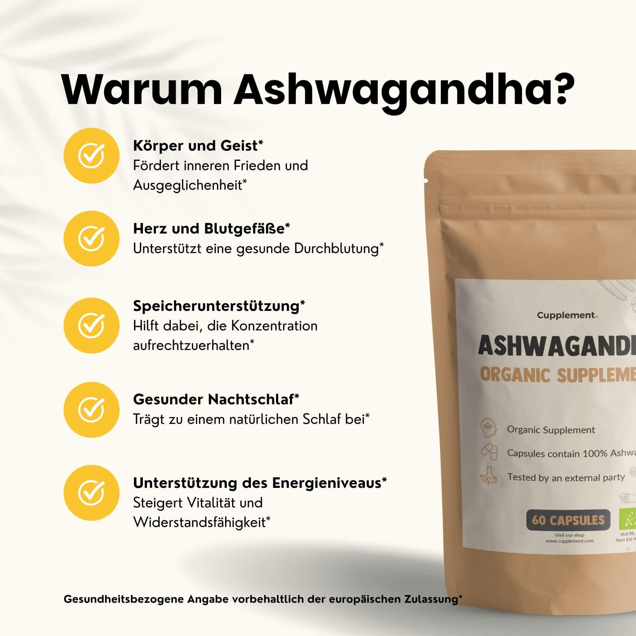 Holzschale mit Ashwagandha-Kapseln. Gelbe Markierungen mit Text. Hintergrund mit Text.