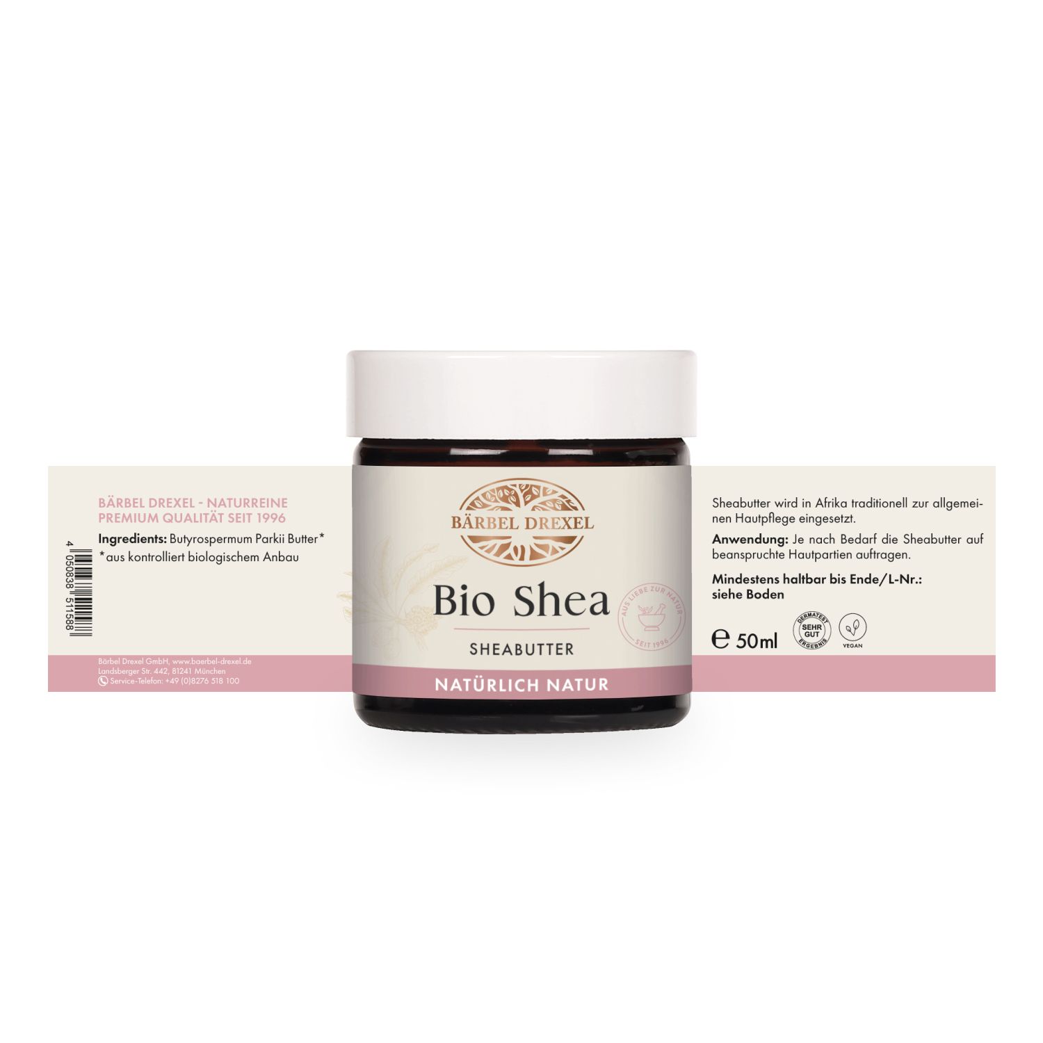 Bärbel Drexel Bio Shea Sheabutter in einem Glasbehälter mit Etikett, das Inhaltsstoffe und Menge angibt.