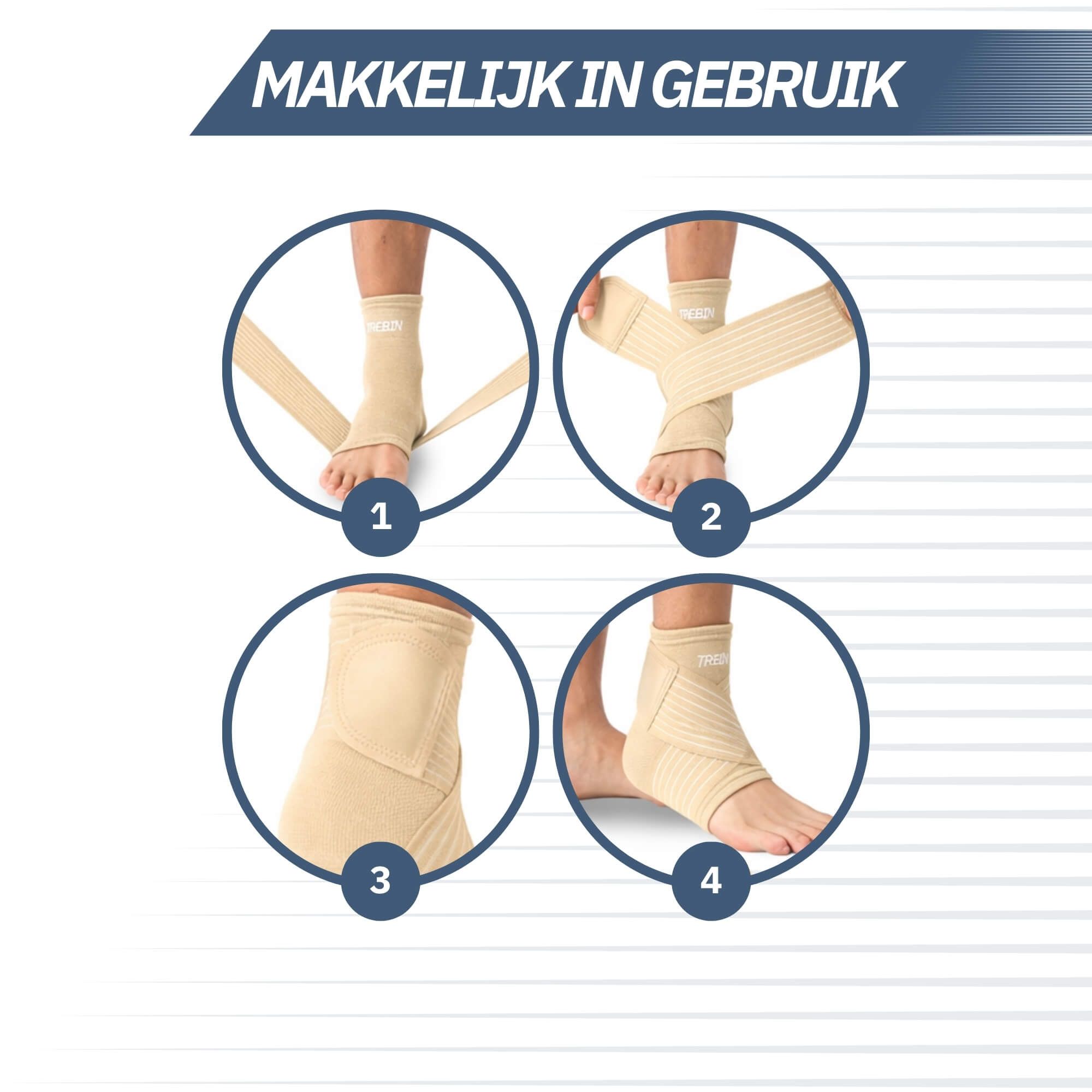 Beige Knöchelbandage mit seitlichen Klettverschlüssen und Streifen.