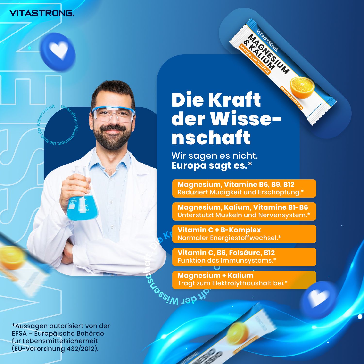 Vitastrong Magnesium & Kalium. Wissenschaftler mit Produkt. Inhaltsstoffe: Magnesium, Vitamine, etc. Produktabbildung.