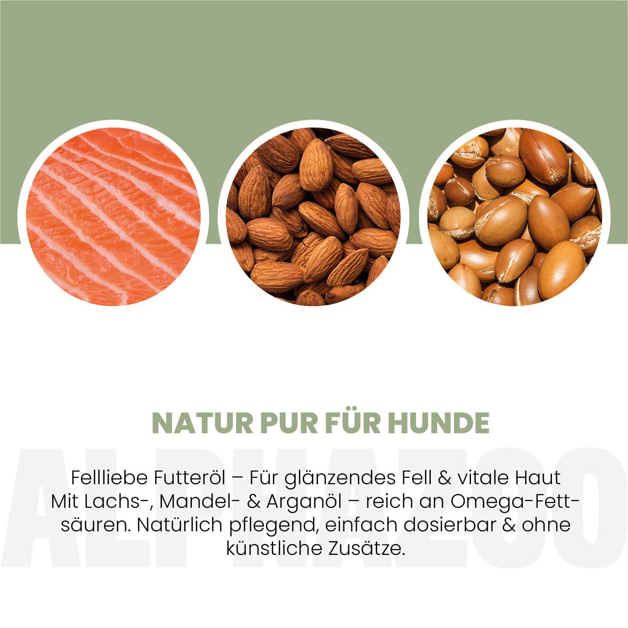Kreisförmige Anordnung von Lachs, Mandeln und Argan. Text: Natur pur für Hunde. Text: Fellliebe Futteröl.