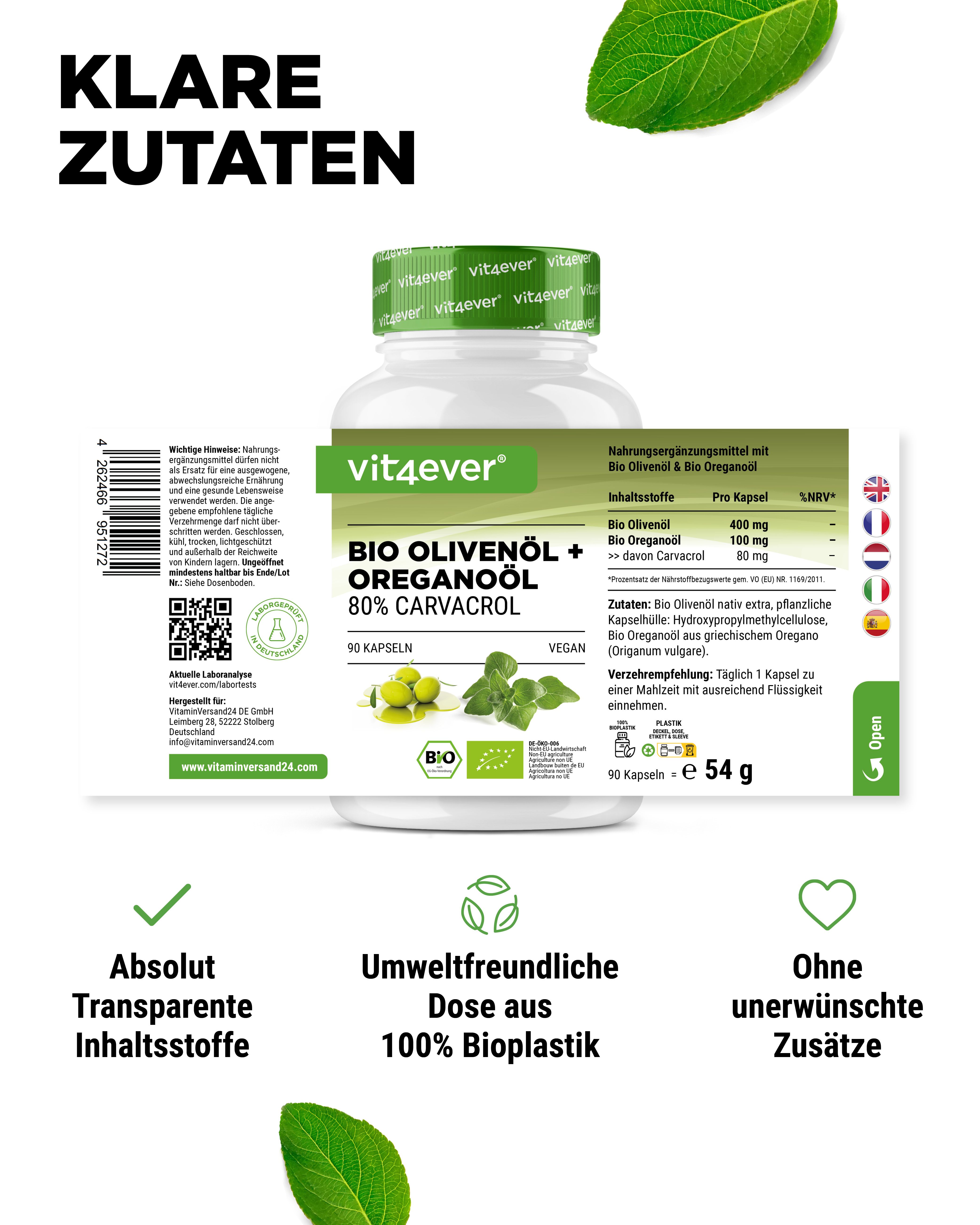 Flasche Bio Olivenöl + Oreganoöl. 80% Carvacrol. 90 Kapseln. Vegan. Text: Klare Zutaten. Umweltfreundliche Dose aus 100% Bioplastik.