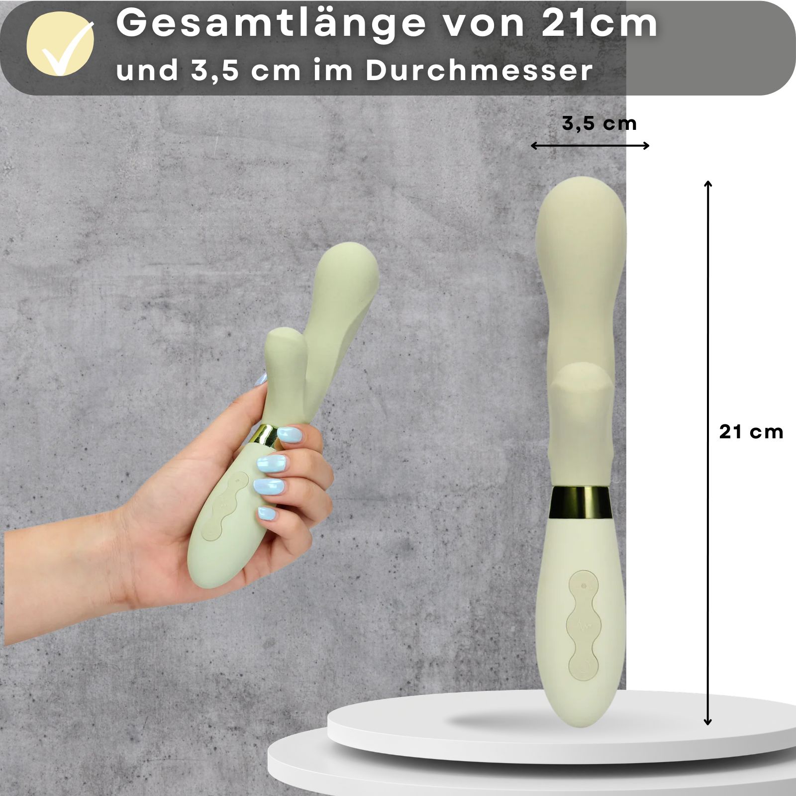 Vibrator, cremefarben, neben grünem Vibrator. Text: 21cm lang, 3,5cm Durchmesser.