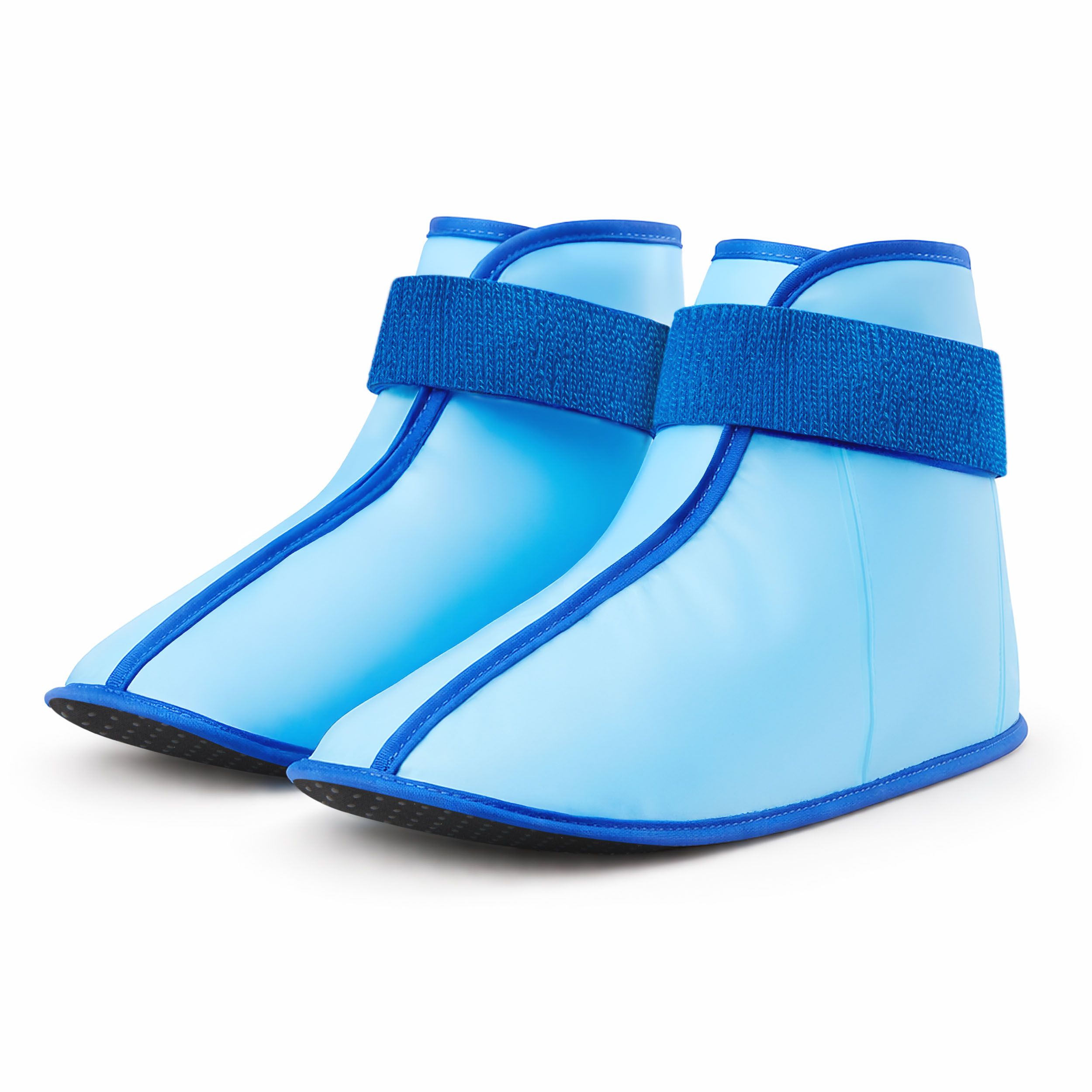 Zwei blaue Kühl- und Wärme-Stiefel mit blauen Klettverschlüssen. Schwarze Sohle mit Anti-Rutsch-Material.