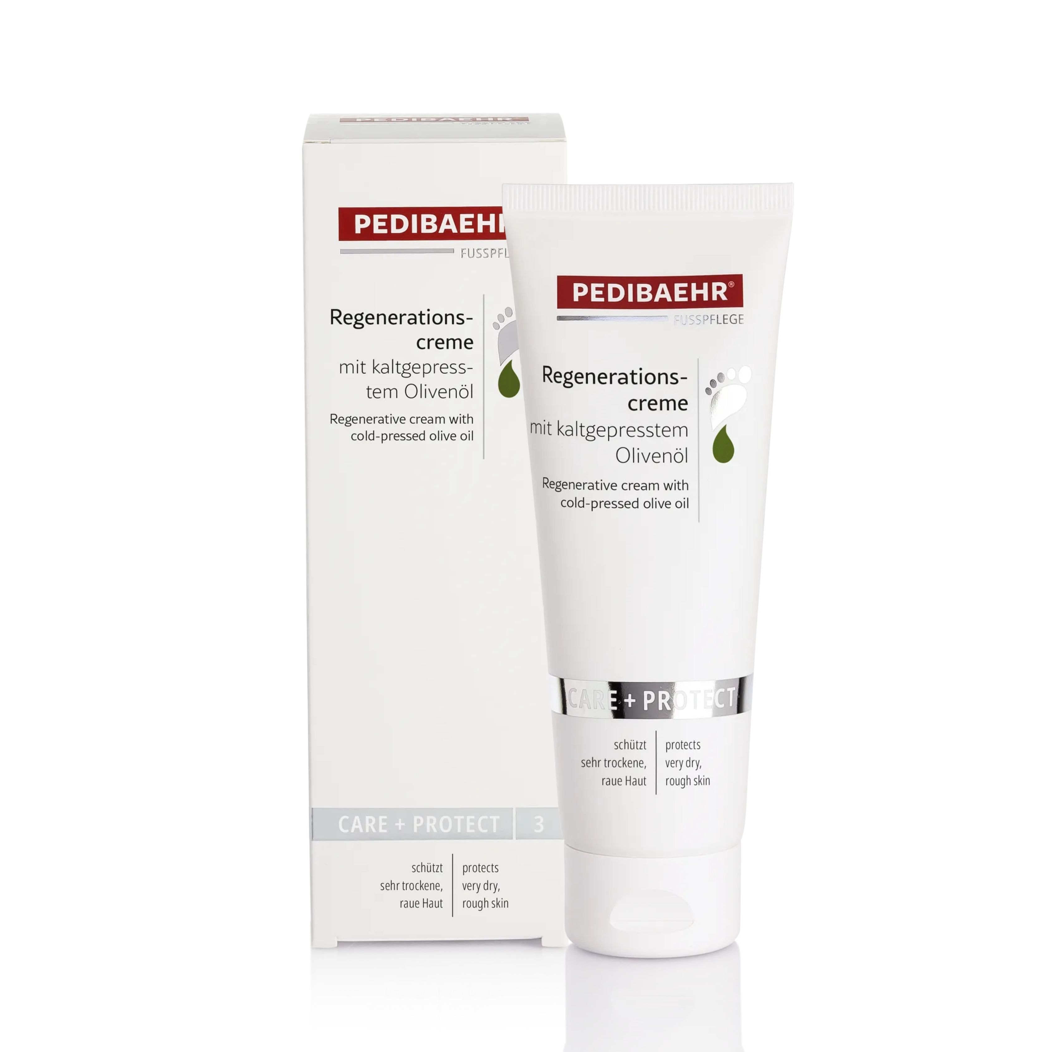 Pedibaehr Regenerationscreme mit Olivenöl und ihre Faltschachtel, weisser Hintergrund.