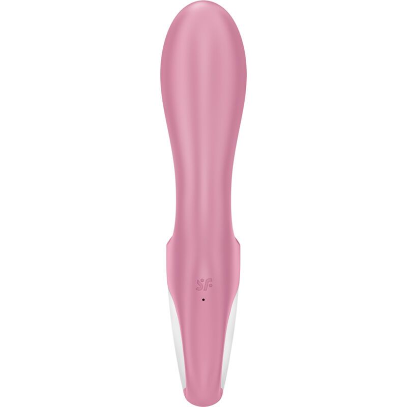 Rosa Vibrator mit weißem Akzent. Die Rückseite zeigt ein Logo und eine Ladebuchse.