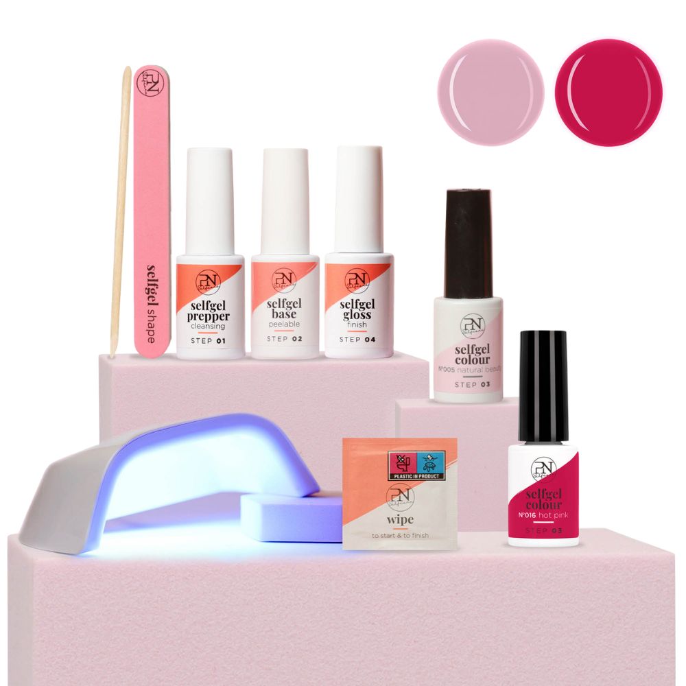 PN Selfcare Kit. Nagelfeile, 3 Nagellacke, LED-Lampe, 2 Farbmuster, Reinigungstücher. Farben: N5 Natural Beauty, N16 Hot Pink.