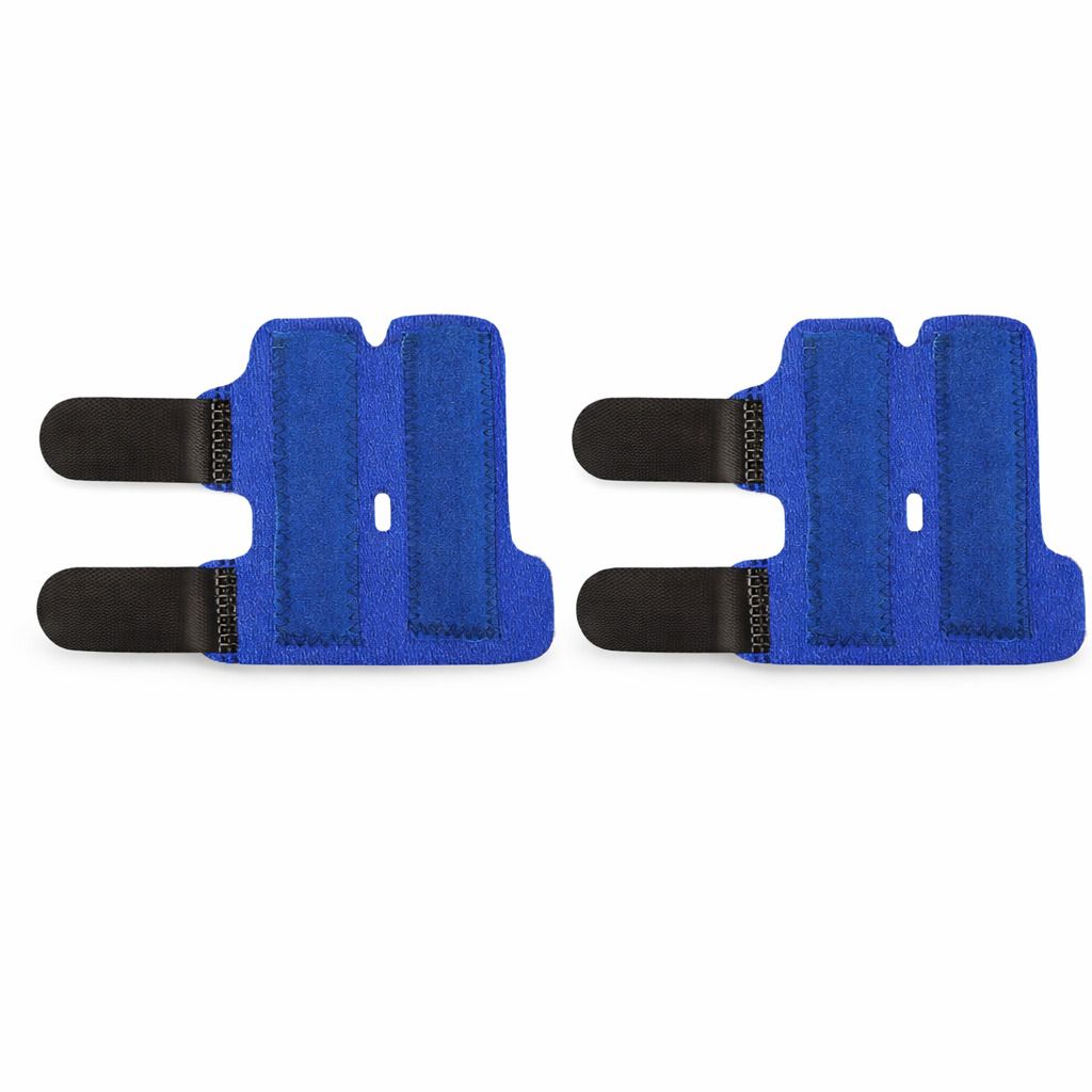 Zwei blaue Fingerschiene-Paare. Mit Klettverschlüssen und Metallschienen. Lochdesign.