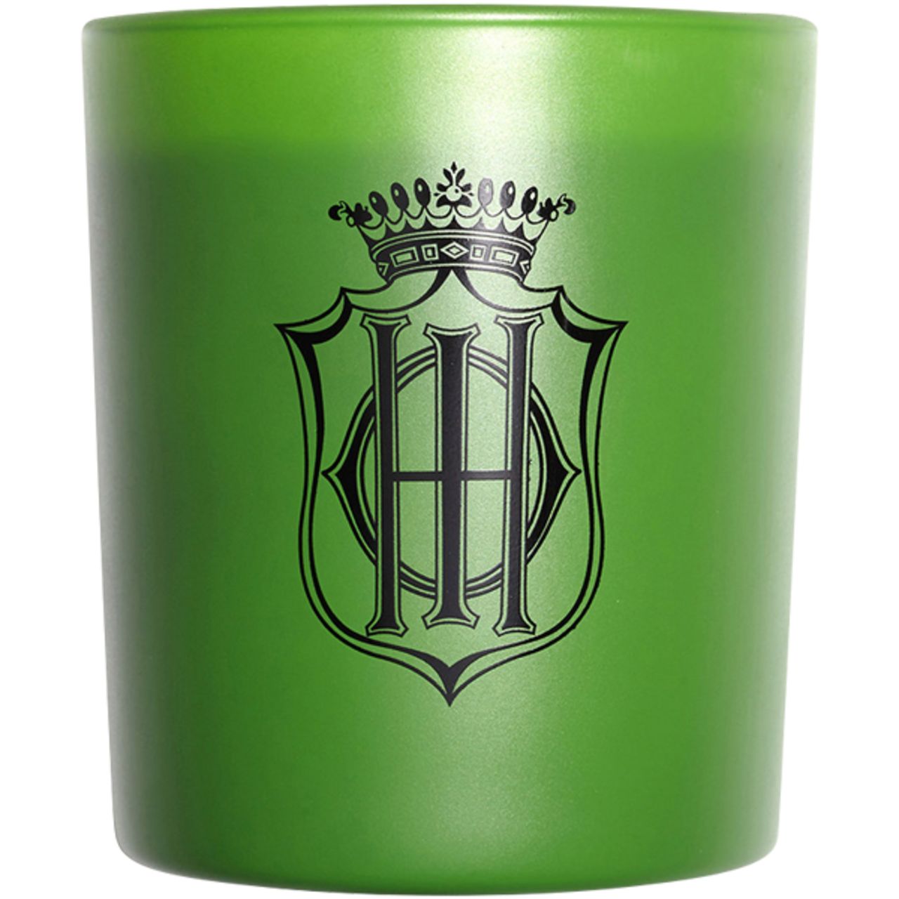 Grüner Kerzenglas mit Logo. Das Logo zeigt ein Wappen mit Krone. Keine weiteren Details sichtbar.