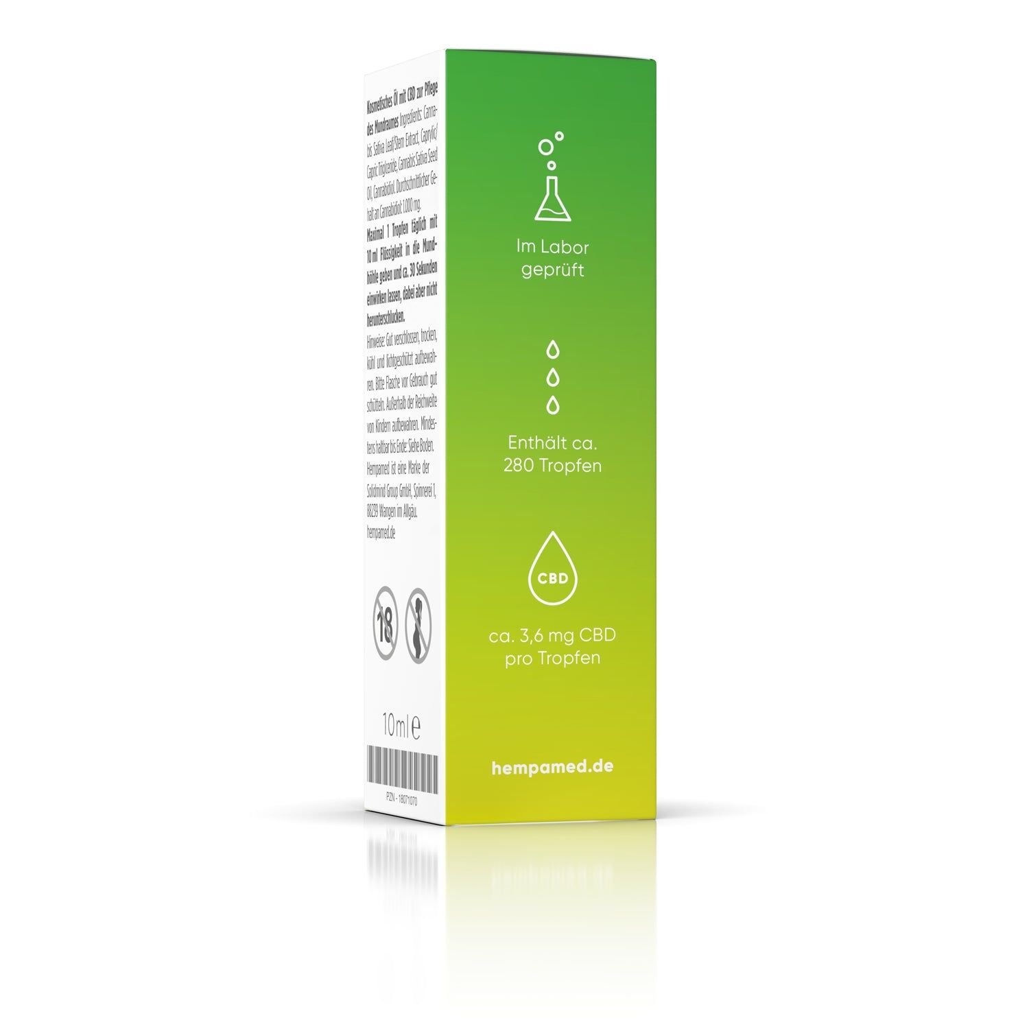 Verpackung mit grünem Farbverlauf. Aufschrift: Im Labor geprüft. Enthält ca. 280 Tropfen. 3,6 mg CBD pro Tropfen.