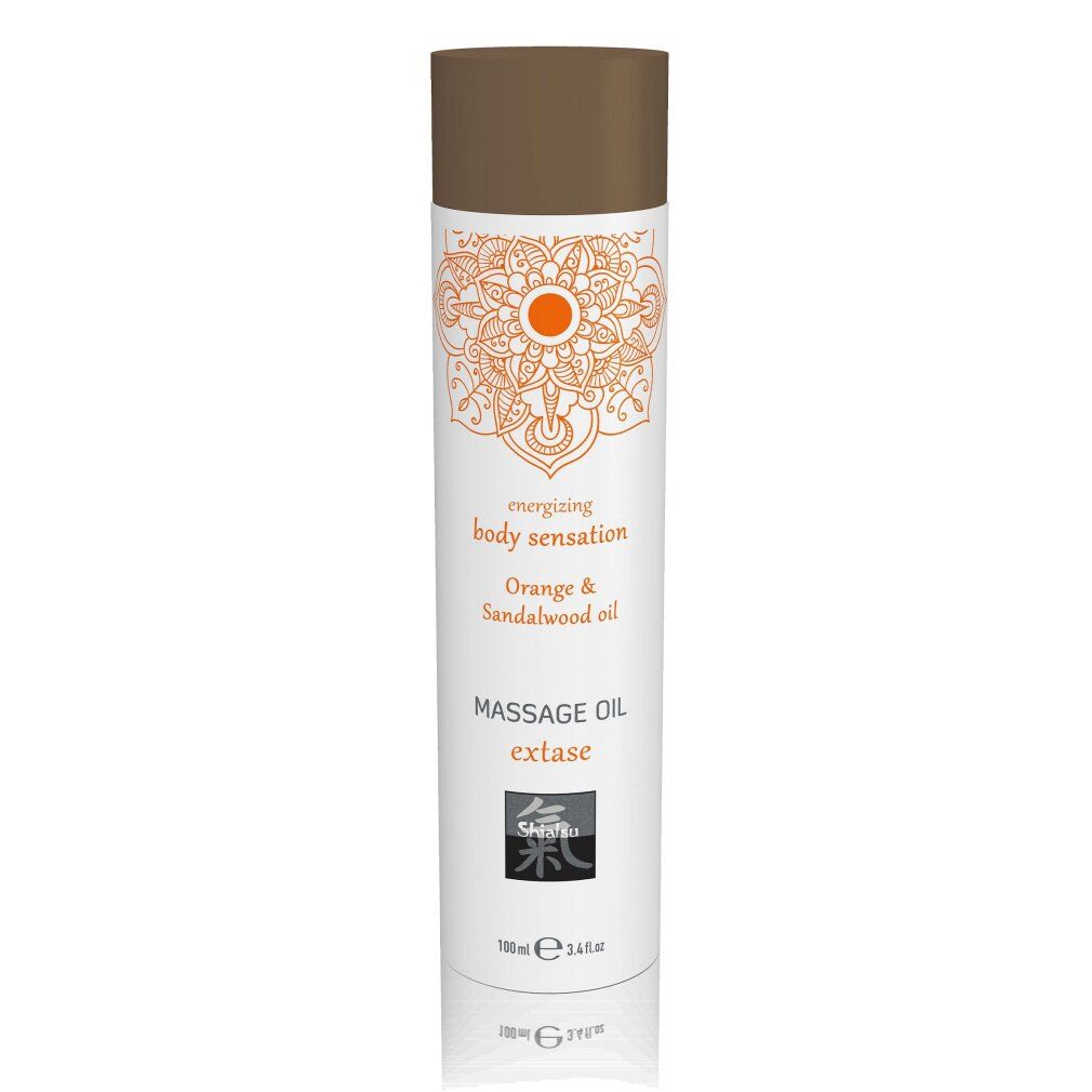 Massageöl extase, Orange & Sandelholz. Weiße Flasche mit braunem Deckel. Orangefarbenes Mandala-Design. Text: energizing body sensation.