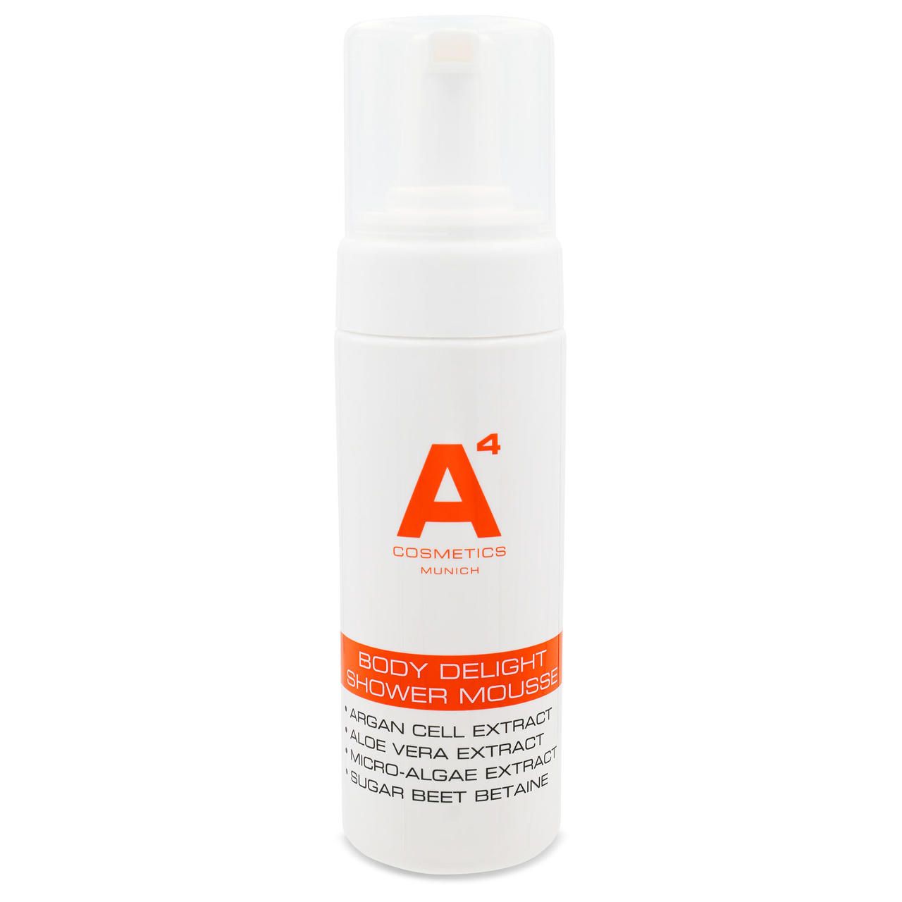 Weiße Flasche mit orangefarbenem Logo und Text. A4 Cosmetics Body Delight Shower Mousse. Transparenter Deckel.
